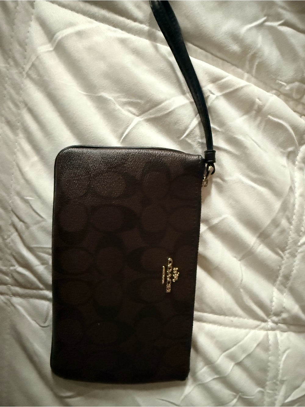Coach Dark Brown Signature Zip Wristlet with Black Strap